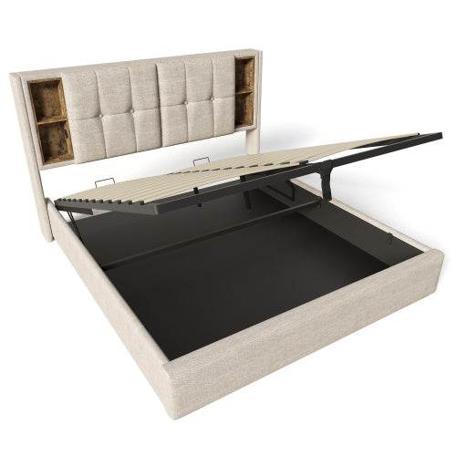 Premium Linen Upholstered Bed Frame – Queen/King Size Wooden & Metal Bed with Button-Tufted Headboard – Sturdy Platform Bed for Modern Bedrooms - Tarteebstudio