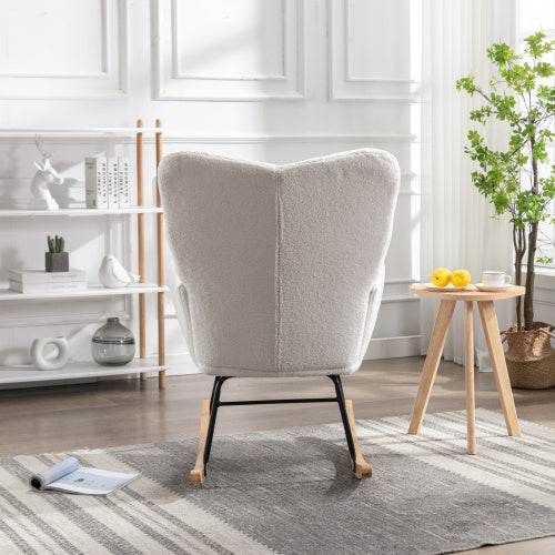 Mid-Century Modern Schaukelstuhl aus Teddystoff – Bequemer Lesesessel mit Holzgestell & Armlehnen – Stylischer Retro Sessel für Wohnzimmer, Schlafzimmer oder Babyzimmer - Tarteebstudio