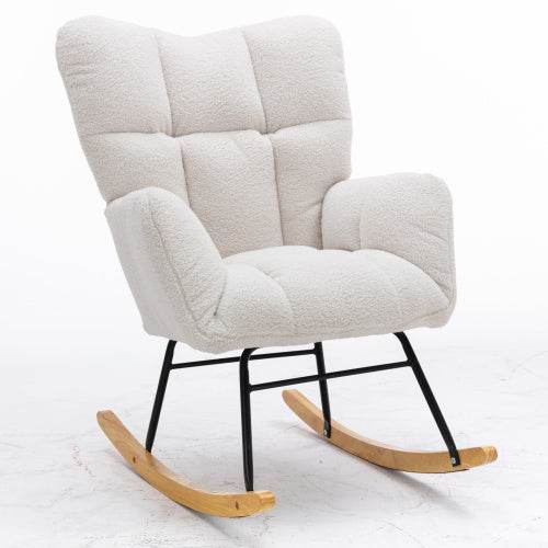 Mid-Century Modern Schaukelstuhl aus Teddystoff – Bequemer Lesesessel mit Holzgestell & Armlehnen – Stylischer Retro Sessel für Wohnzimmer, Schlafzimmer oder Babyzimmer - Tarteebstudio
