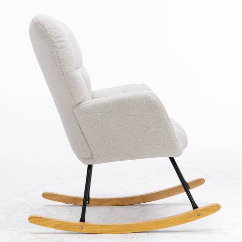Mid-Century Modern Schaukelstuhl aus Teddystoff – Bequemer Lesesessel mit Holzgestell & Armlehnen – Stylischer Retro Sessel für Wohnzimmer, Schlafzimmer oder Babyzimmer - Tarteebstudio