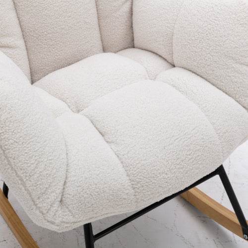 Mid-Century Modern Schaukelstuhl aus Teddystoff – Bequemer Lesesessel mit Holzgestell & Armlehnen – Stylischer Retro Sessel für Wohnzimmer, Schlafzimmer oder Babyzimmer - Tarteebstudio
