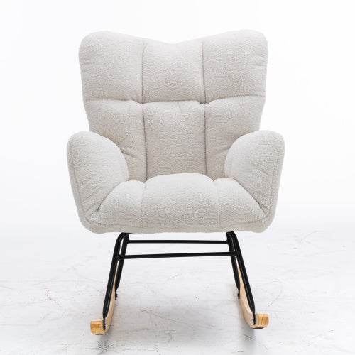 Mid-Century Modern Schaukelstuhl aus Teddystoff – Bequemer Lesesessel mit Holzgestell & Armlehnen – Stylischer Retro Sessel für Wohnzimmer, Schlafzimmer oder Babyzimmer - Tarteebstudio