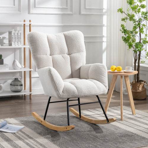 Mid-Century Modern Schaukelstuhl aus Teddystoff – Bequemer Lesesessel mit Holzgestell & Armlehnen – Stylischer Retro Sessel für Wohnzimmer, Schlafzimmer oder Babyzimmer - Tarteebstudio