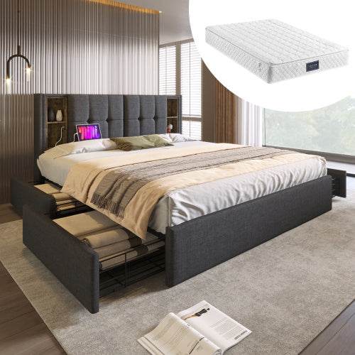 Luxury Metal & Velvet Bed Frame – Upholstered Queen/King Size Bed with Sturdy Steel Frame – Elegant Bedroom Furniture with Button-Tufted Headboard - Tarteebstudio