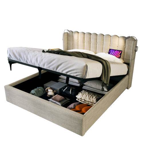 Linen Upholstered Bed Frame with Storage – Queen/King Size Platform Bed with Linen Fabric & Wooden/Metal Frame – Button-Tufted Headboard & Underbed Storage - Tarteebstudio