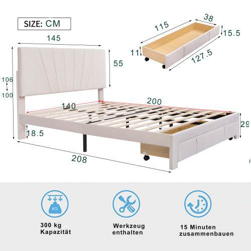 Polsterbett ohne Matratze – Modernes Bettgestell aus Faserplatten & Metall | Plattformbett mit Lattenrost – Matratze separat erhältlich - Tarteebstudio