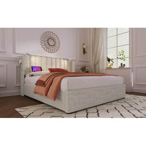 Linen Upholstered Bed Frame with Storage – Queen/King Size Platform Bed with Linen Fabric & Wooden/Metal Frame – Button-Tufted Headboard & Underbed Storage - Tarteebstudio