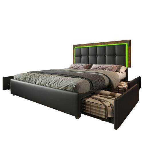Modern PU Leather Bed Frame with LED Light Strip & 4 Storage Drawers – Queen/King Size Upholstered Platform Bed – No Box Spring Needed - Tarteebstudio