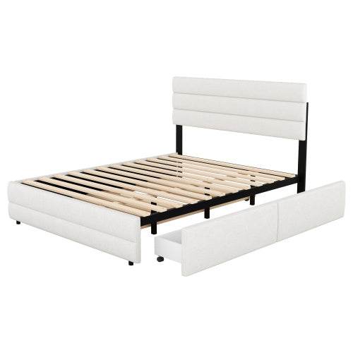 Plattformbett 140x200 cm – Doppelbett mit Stauraum & 2 Schubladen | Beige Samt-Bezug | Ohne Boxspring – Ideal für Schlafzimmer, Gästezimmer oder kleine Räume - Tarteebstudio