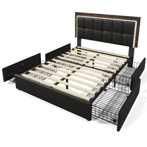Modern PU Leather Bed Frame with LED Light Strip & 4 Storage Drawers – Queen/King Size Upholstered Platform Bed – No Box Spring Needed - Tarteebstudio