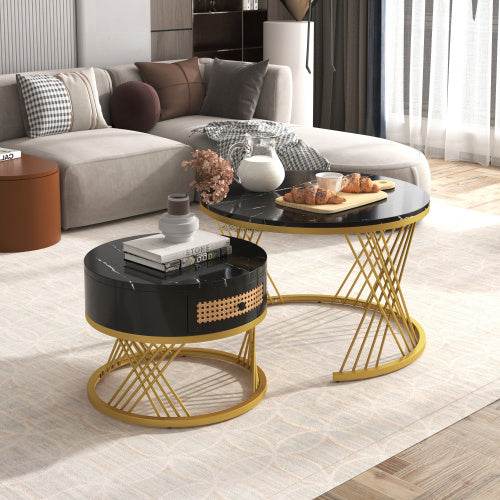 Modern Fibreboard & Metal Round Coffee Table – Stylish MDF Living Room Table with Steel Legs – Space-Saving Design for Small Spaces, Apartments & Lofts - Tarteebstudio