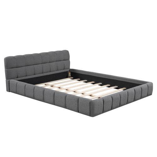 Queen Size Double Bed with Soft Linen Upholstered Backrest – Sturdy Wooden & Metal Frame | No Box Spring Needed – Modern Bedroom Furniture in Natural Fabric Design - Tarteebstudio