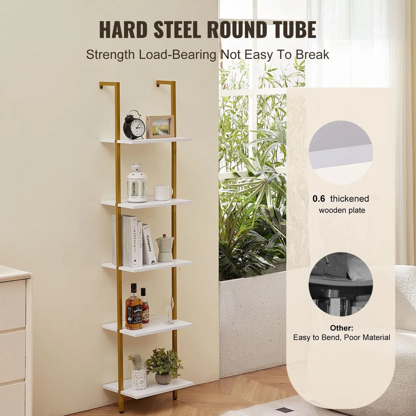 5-Ebenen Schweberegal im Leiterdesign – Bücherregal aus Holz & Metall | Wandregal mit 40x30 cm Tiefe – Ideal als Raumteiler, Dekoregal oder Aufbewahrungsregal in Wohnzimmer, Schlafzimmer oder Büro