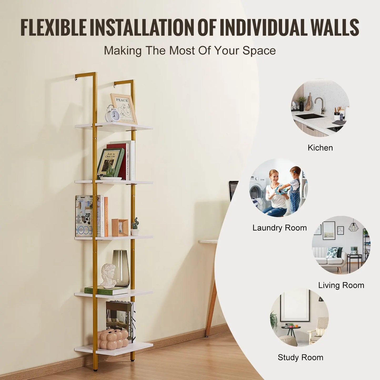 5-Ebenen Schweberegal im Leiterdesign – Bücherregal aus Holz & Metall | Wandregal mit 40x30 cm Tiefe – Ideal als Raumteiler, Dekoregal oder Aufbewahrungsregal in Wohnzimmer, Schlafzimmer oder Büro
