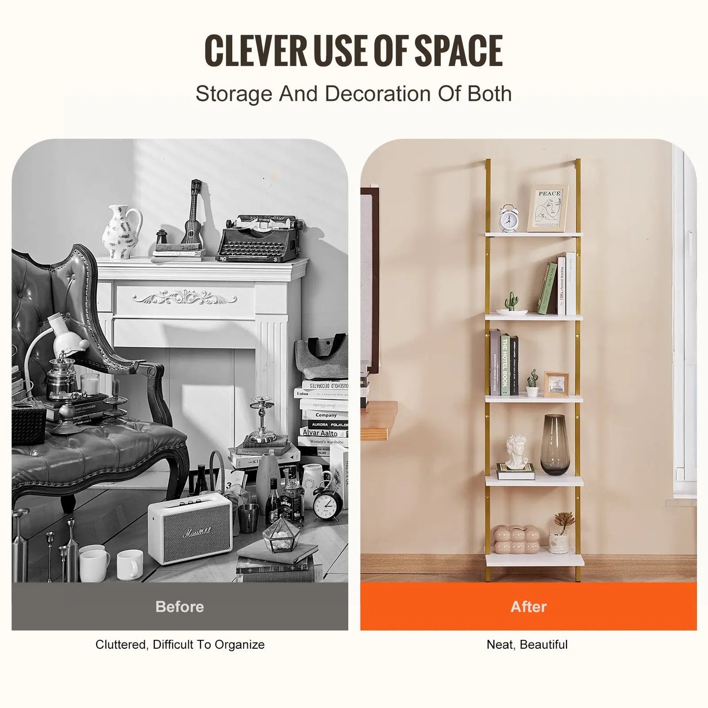 5-Ebenen Schweberegal im Leiterdesign – Bücherregal aus Holz & Metall | Wandregal mit 40x30 cm Tiefe – Ideal als Raumteiler, Dekoregal oder Aufbewahrungsregal in Wohnzimmer, Schlafzimmer oder Büro