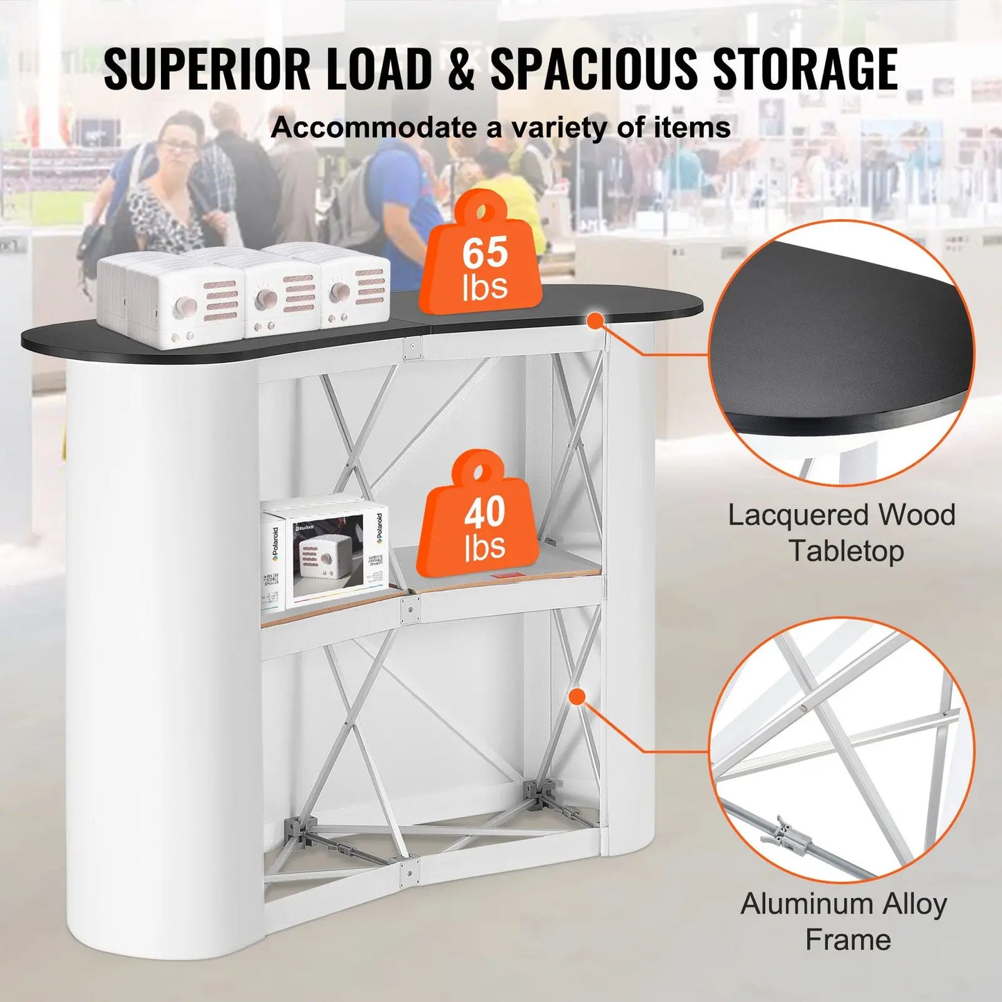 Faltbare Messetheke – 1300x465x950 mm | Messestand, Promotion-Tresen oder Pop-Up Bartisch mit Regal & Transporttasche – Ideal für Messen, Events, Märkte & Verkaufsstände