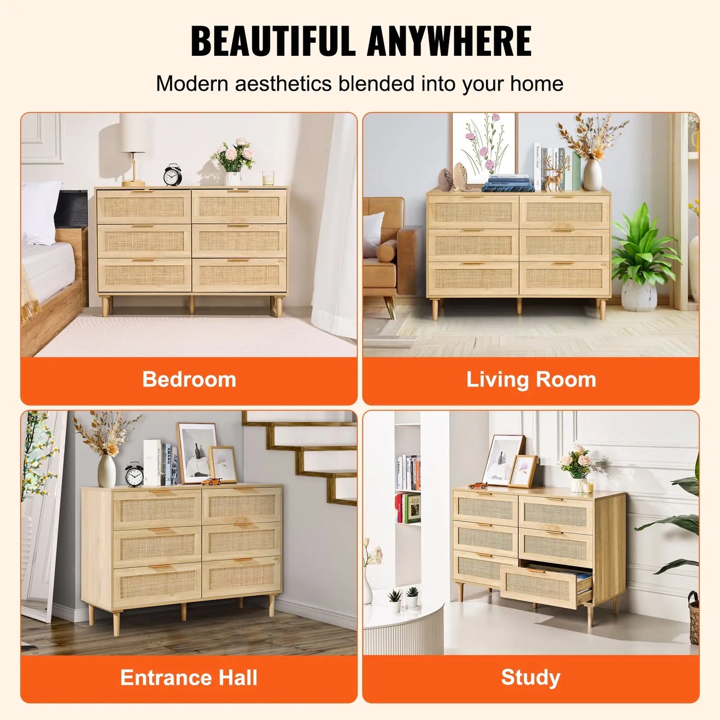 Rattan-Kommode mit 6 Schubladen – Wohnzimmerschrank im natürlichen Holzlook | Stilvolles Sideboard oder Flurschrank aus geflochtenem Rattan | Platzsparend & Mehrzweck