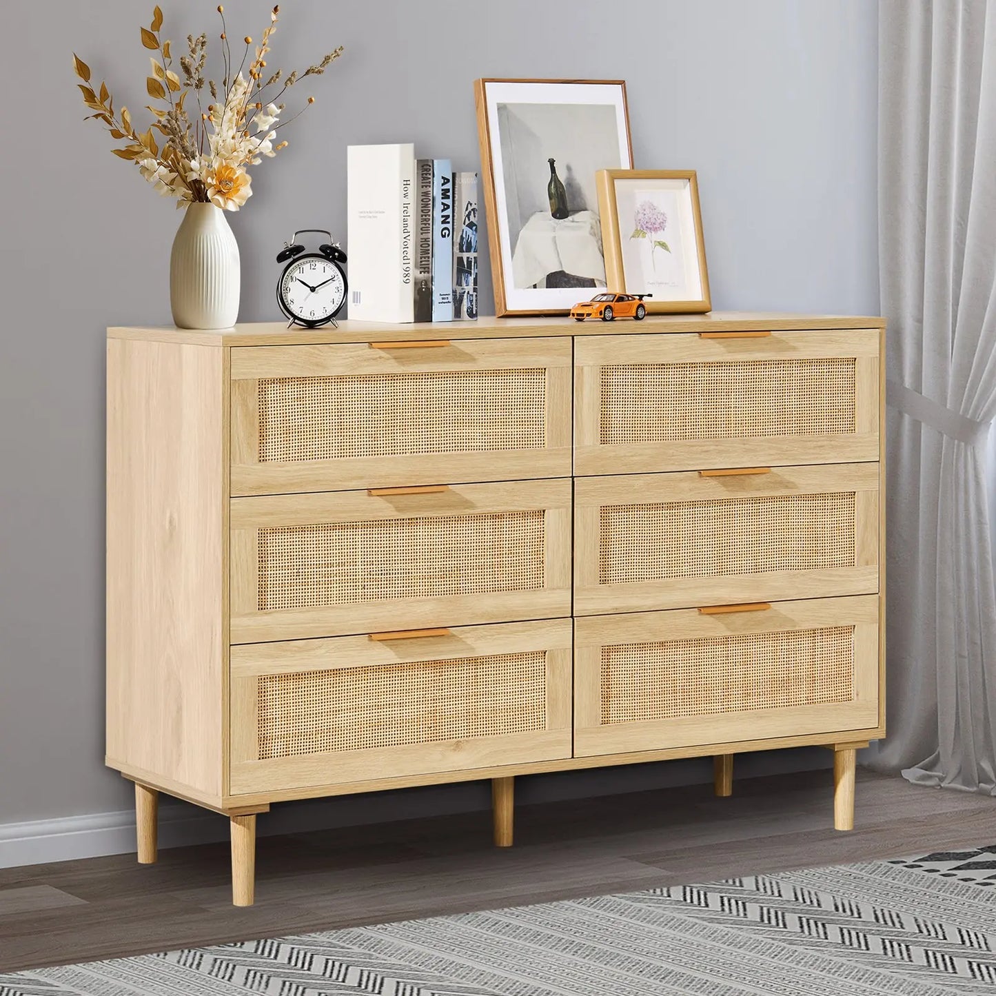 Rattan-Kommode mit 6 Schubladen – Wohnzimmerschrank im natürlichen Holzlook | Stilvolles Sideboard oder Flurschrank aus geflochtenem Rattan | Platzsparend & Mehrzweck