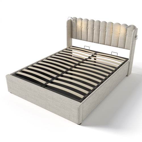 Linen Upholstered Bed Frame with Storage – Queen/King Size Platform Bed with Linen Fabric & Wooden/Metal Frame – Button-Tufted Headboard & Underbed Storage - Tarteebstudio