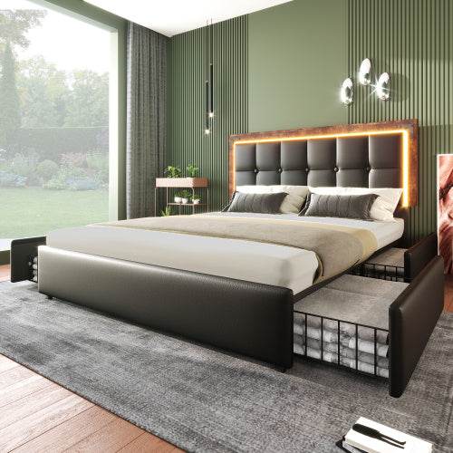 Modern PU Leather Bed Frame with LED Light Strip & 4 Storage Drawers – Queen/King Size Upholstered Platform Bed – No Box Spring Needed - Tarteebstudio