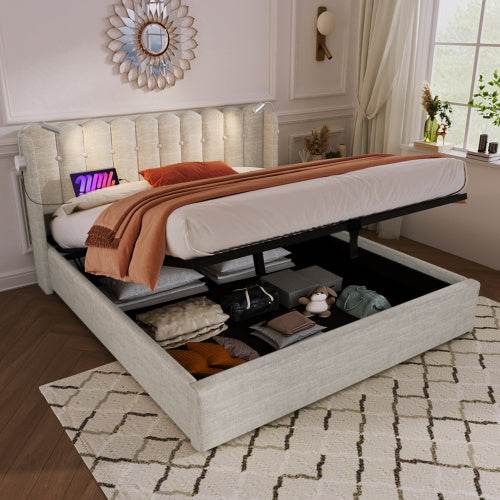 Linen Upholstered Bed Frame with Storage – Queen/King Size Platform Bed with Linen Fabric & Wooden/Metal Frame – Button-Tufted Headboard & Underbed Storage - Tarteebstudio