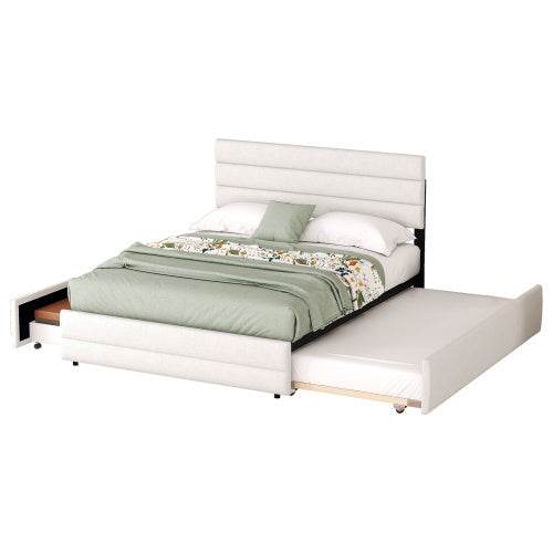 Plattformbett 140x200 cm – Doppelbett mit Stauraum & 2 Schubladen | Beige Samt-Bezug | Ohne Boxspring – Ideal für Schlafzimmer, Gästezimmer oder kleine Räume - Tarteebstudio