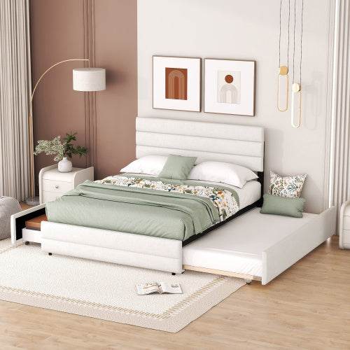 Plattformbett 140x200 cm – Doppelbett mit Stauraum & 2 Schubladen | Beige Samt-Bezug | Ohne Boxspring – Ideal für Schlafzimmer, Gästezimmer oder kleine Räume - Tarteebstudio
