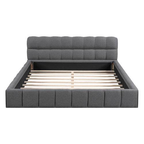 Queen Size Double Bed with Soft Linen Upholstered Backrest – Sturdy Wooden & Metal Frame | No Box Spring Needed – Modern Bedroom Furniture in Natural Fabric Design - Tarteebstudio