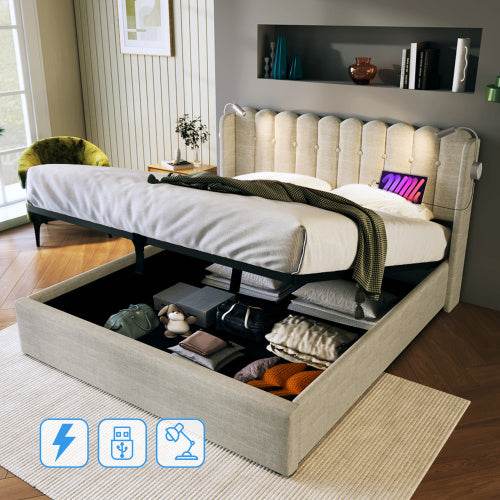 Linen Upholstered Bed Frame with Storage – Queen/King Size Platform Bed with Linen Fabric & Wooden/Metal Frame – Button-Tufted Headboard & Underbed Storage - Tarteebstudio