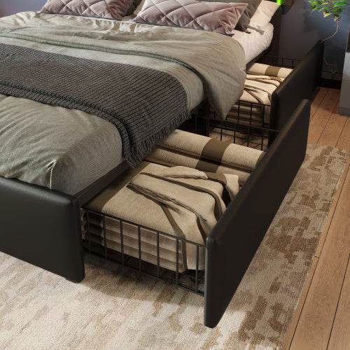 Modern PU Leather Bed Frame with LED Light Strip & 4 Storage Drawers – Queen/King Size Upholstered Platform Bed – No Box Spring Needed - Tarteebstudio