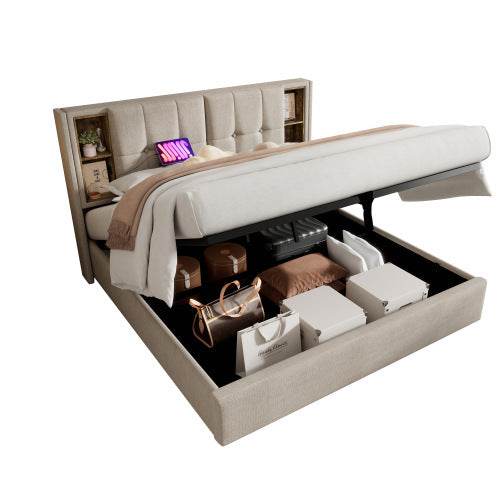 Premium Linen Upholstered Bed Frame – Queen/King Size Wooden & Metal Bed with Button-Tufted Headboard – Sturdy Platform Bed for Modern Bedrooms - Tarteebstudio