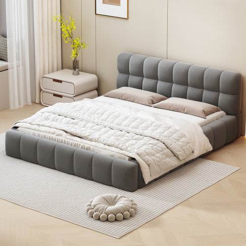 Queen Size Double Bed with Soft Linen Upholstered Backrest – Sturdy Wooden & Metal Frame | No Box Spring Needed – Modern Bedroom Furniture in Natural Fabric Design - Tarteebstudio