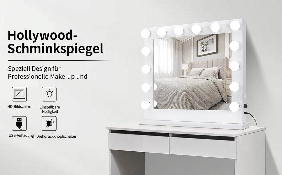LED Makeup Mirror with 14 Adjustable Lights – 80x67cm Large Lighted Vanity Mirror for Makeup, Beauty, and Photography – White Frame - Tarteebstudio
