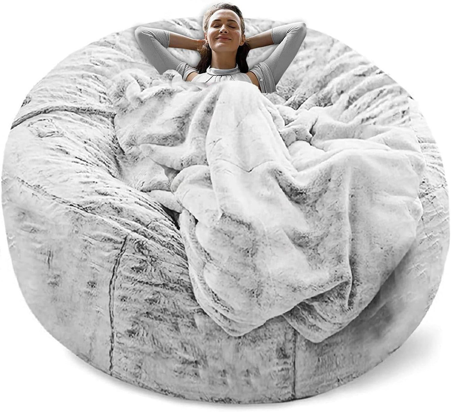 5ft Snow Gray Bean Bag Cover – Extra Soft PV Velvet Sofa Bed Cover, Round Fluffy Lounge Pillow Cover for Living Room, Bedroom or Floor Seating - Tarteebstudio