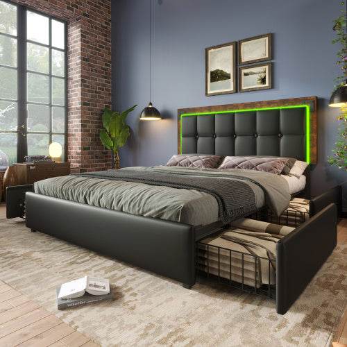 Modern PU Leather Bed Frame with LED Light Strip & 4 Storage Drawers – Queen/King Size Upholstered Platform Bed – No Box Spring Needed - Tarteebstudio