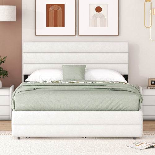 Plattformbett 140x200 cm – Doppelbett mit Stauraum & 2 Schubladen | Beige Samt-Bezug | Ohne Boxspring – Ideal für Schlafzimmer, Gästezimmer oder kleine Räume - Tarteebstudio