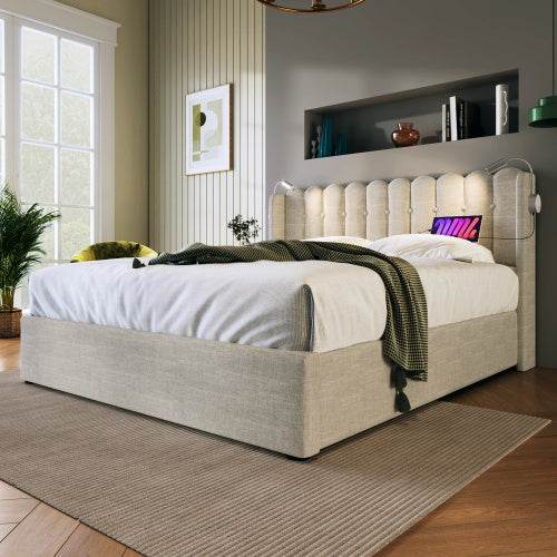 Linen Upholstered Bed Frame with Storage – Queen/King Size Platform Bed with Linen Fabric & Wooden/Metal Frame – Button-Tufted Headboard & Underbed Storage - Tarteebstudio