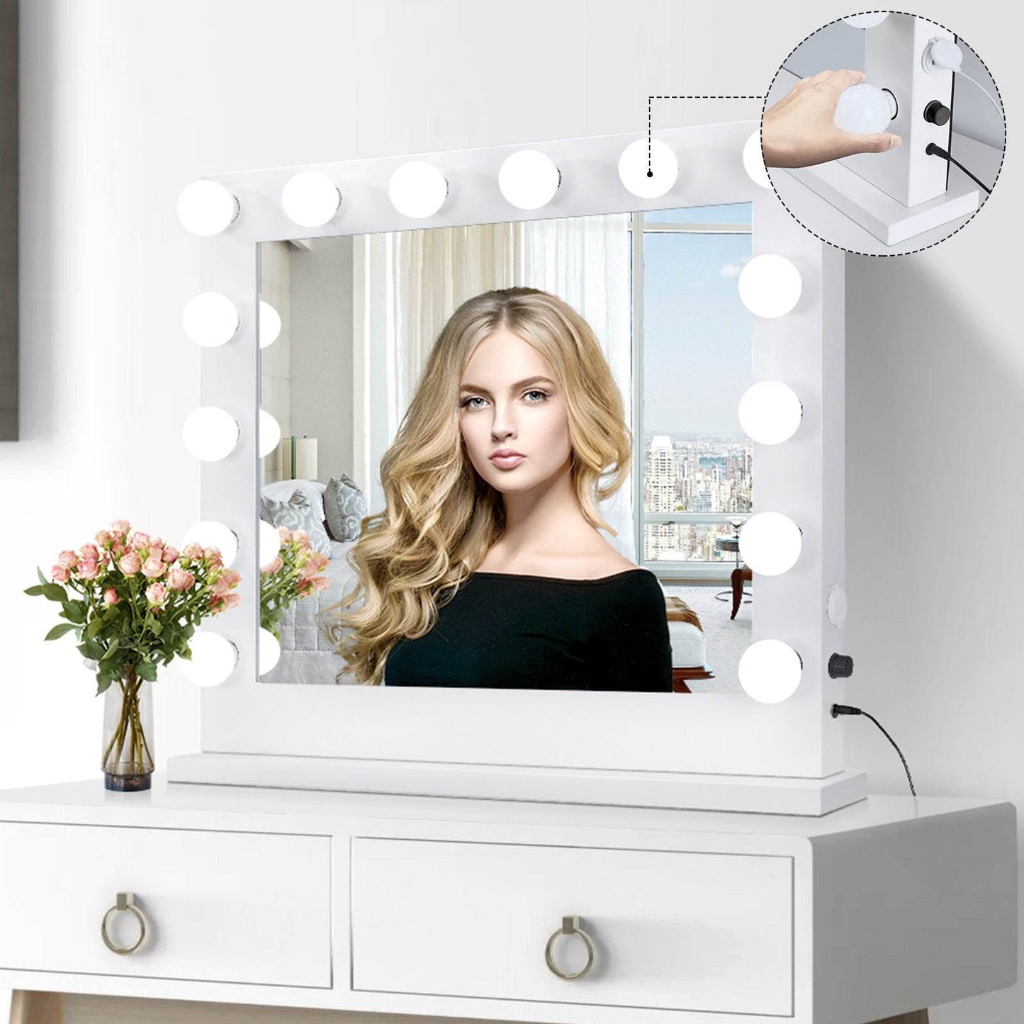 LED Makeup Mirror with 14 Adjustable Lights – 80x67cm Large Lighted Vanity Mirror for Makeup, Beauty, and Photography – White Frame - Tarteebstudio