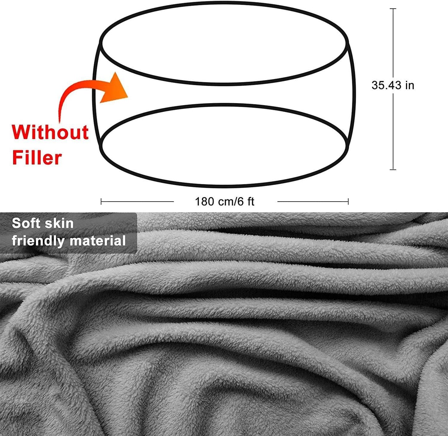 5ft Snow Gray Bean Bag Cover – Extra Soft PV Velvet Sofa Bed Cover, Round Fluffy Lounge Pillow Cover for Living Room, Bedroom or Floor Seating - Tarteebstudio
