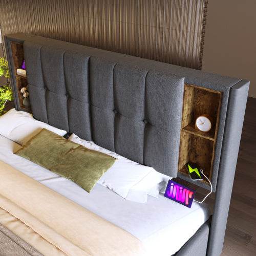 Premium Linen Upholstered Bed Frame – Queen/King Size Wooden & Metal Bed with Button-Tufted Headboard – Sturdy Platform Bed for Modern Bedrooms - Tarteebstudio