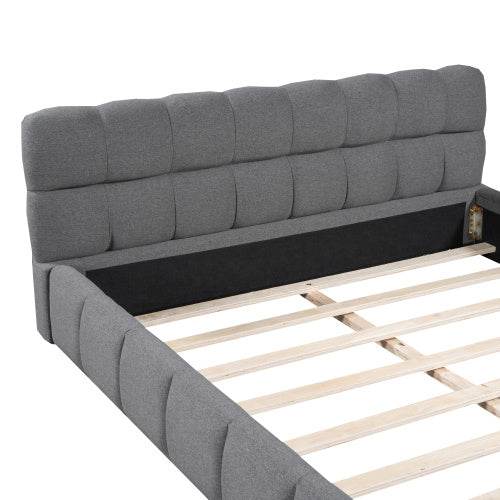 Queen Size Double Bed with Soft Linen Upholstered Backrest – Sturdy Wooden & Metal Frame | No Box Spring Needed – Modern Bedroom Furniture in Natural Fabric Design - Tarteebstudio