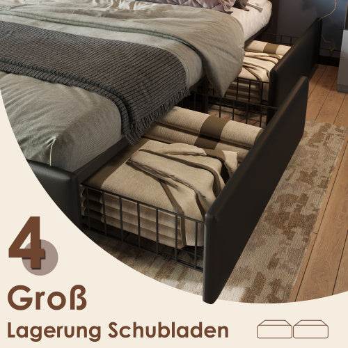 Modern PU Leather Bed Frame with LED Light Strip & 4 Storage Drawers – Queen/King Size Upholstered Platform Bed – No Box Spring Needed - Tarteebstudio