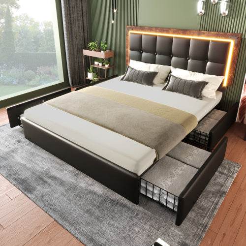 Modern PU Leather Bed Frame with LED Light Strip & 4 Storage Drawers – Queen/King Size Upholstered Platform Bed – No Box Spring Needed - Tarteebstudio
