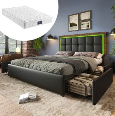Modern PU Leather Bed Frame with LED Light Strip & 4 Storage Drawers – Queen/King Size Upholstered Platform Bed – No Box Spring Needed - Tarteebstudio