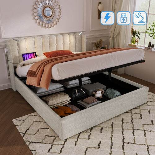 Linen Upholstered Bed Frame with Storage – Queen/King Size Platform Bed with Linen Fabric & Wooden/Metal Frame – Button-Tufted Headboard & Underbed Storage - Tarteebstudio