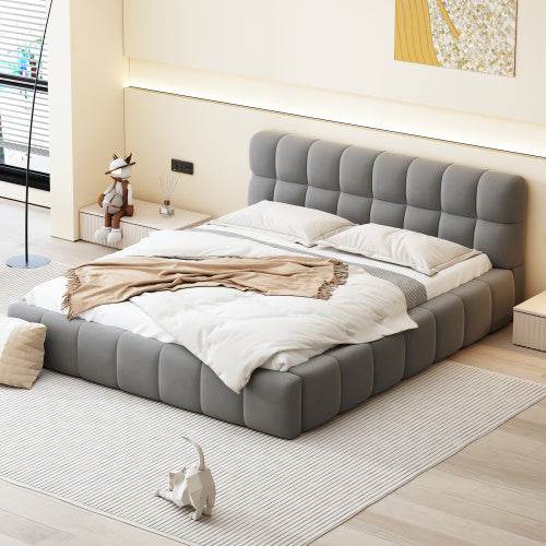 Queen Size Double Bed with Soft Linen Upholstered Backrest – Sturdy Wooden & Metal Frame | No Box Spring Needed – Modern Bedroom Furniture in Natural Fabric Design - Tarteebstudio