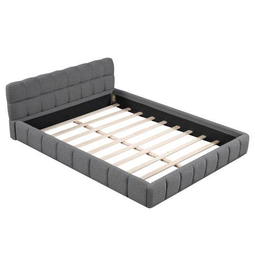 Queen Size Double Bed with Soft Linen Upholstered Backrest – Sturdy Wooden & Metal Frame | No Box Spring Needed – Modern Bedroom Furniture in Natural Fabric Design - Tarteebstudio