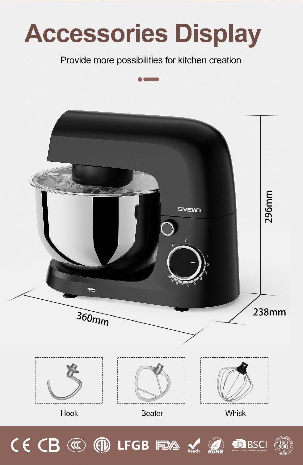 SVEWT SM-1540 1500W Stand Mixer – Professional 10-Speed Kitchen Mixer with 5.5L Stainless Steel Bowl & Dough Hook, Whisk & Beater – Black - Tarteebstudio