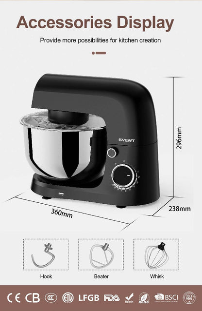 SVEWT SM-1540 1500W Stand Mixer – Professional 10-Speed Kitchen Mixer with 5.5L Stainless Steel Bowl & Dough Hook, Whisk & Beater – Black - Tarteebstudio