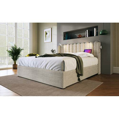 Linen Upholstered Bed Frame with Storage – Queen/King Size Platform Bed with Linen Fabric & Wooden/Metal Frame – Button-Tufted Headboard & Underbed Storage - Tarteebstudio